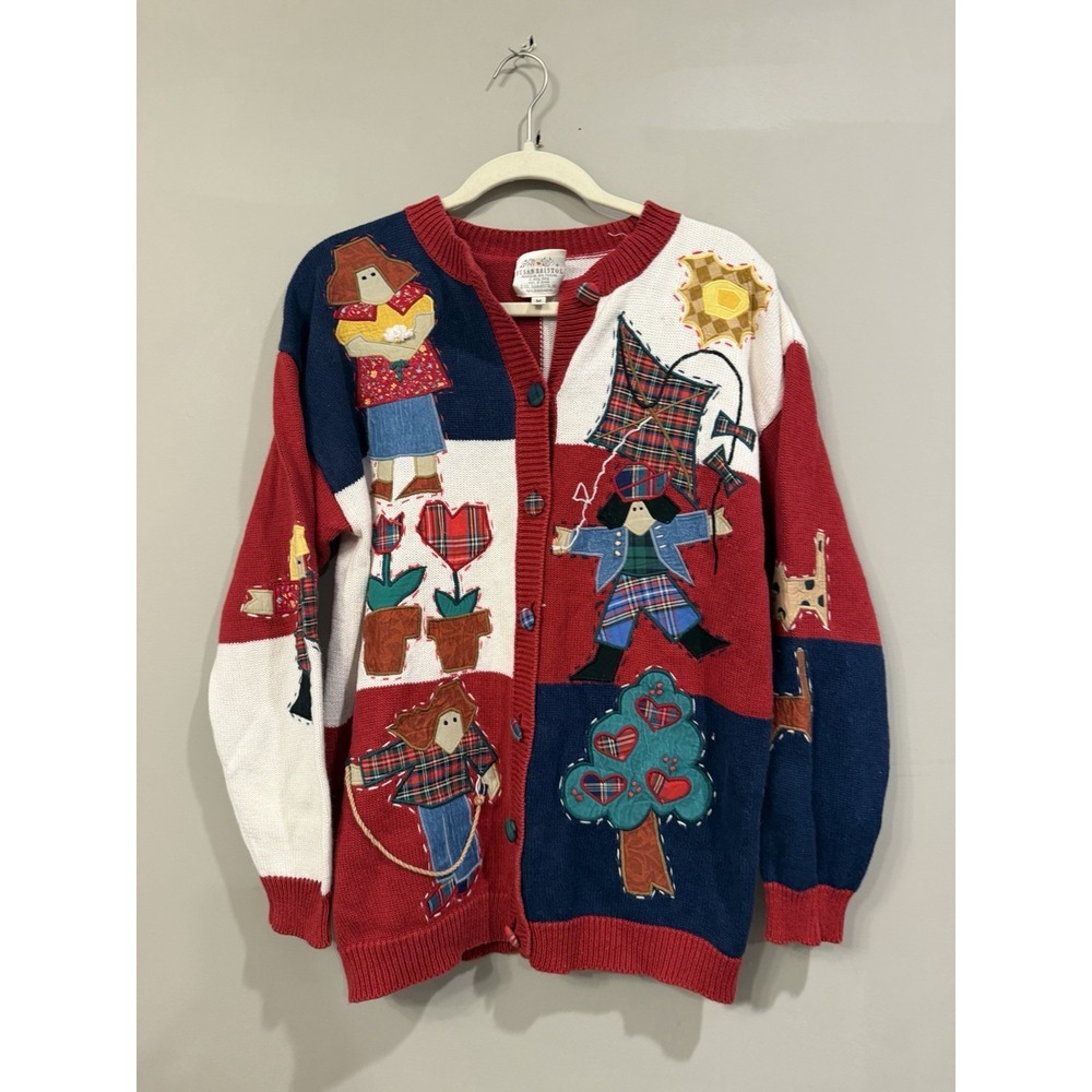 Vintage Susan Bristol Patchwork Playground Fun Grandmacore Cardigan Medium